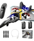 Ready To Fly RC Jet Plane For Kids And Adults with remote, batteries, and propellers. LED lights and durable foam design visible.