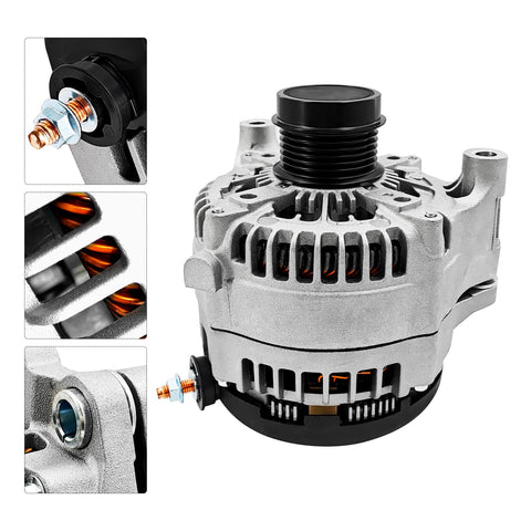High Output 300 Amp Alternator Replacement For Jeep Wrangler JK 3.6L V6 2012 Through 2018 Drop In Install With OE Style Fit And 421000 0810 68078950AA Compatibility, shown in close-up views highlighting connectors and design features.