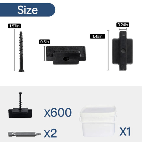 600 Piece Hidden Deck Fasteners Featuring Universal Nylon T Clips Preloaded With Heavy Duty Stainless Screws And Square Drive Bits For A Zero Drama Composite Board Install That Flawlessly Holds Firm size illustration showing clips and screws dimensions.
