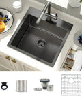 18 X 18 Inch Dope Drop-In Topmount Kitchen Sink With 16 Gauge Stainless Steel PVD Gunmetal Finish NanoTek Single Bowl And 9 Inch Deep Bar Prep Basin Dark Gray