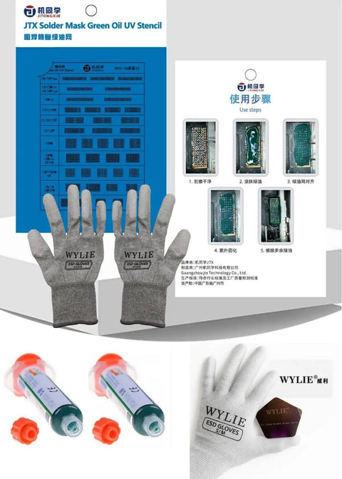Screen IC Pad Green Oil UV Stencil Set For IPhone 11 To 16 Pro Max Solder Mask Repair Kit, tools and gloves displayed