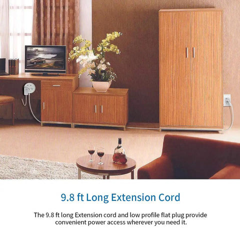 9.8 ft long extension cord with low profile flat plug providing convenient power access in a home office setting.