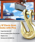 Heavy Duty Clevis Grab Hook 3/8 Inch Grade 70 Forged Steel Real Deal Workhorse with Pins, 6600 lbs capacity.