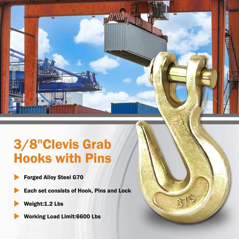 Heavy Duty Clevis Grab Hook 3/8 Inch Grade 70 Forged Steel Real Deal Workhorse with Pins, 6600 lbs capacity.