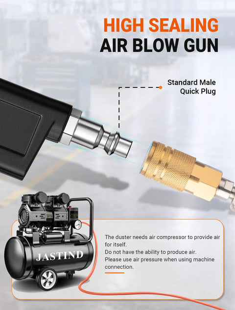 Heavy Duty Industrial Air Blow Gun With One Steel Extension Tube For Tight Squeeze Spots All Metal Construction Uses A Quarter Inch Npt Quick Connect to attach to compressor.