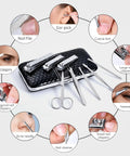 18 Piece Stainless Steel Nail Care Tools Set for Men and Women with PU Leather Travel Case showcasing various tools and uses