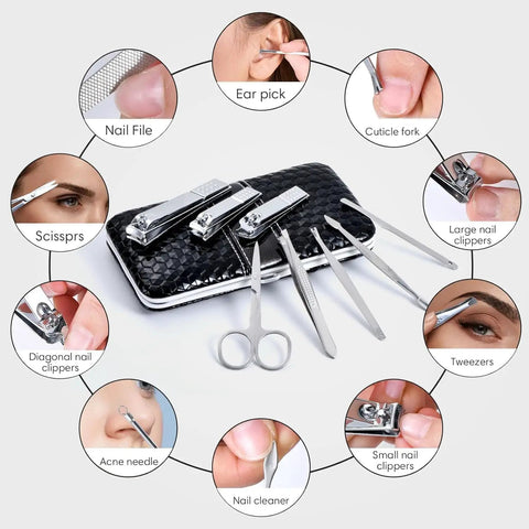 18 Piece Stainless Steel Nail Care Tools Set for Men and Women with PU Leather Travel Case showcasing various tools and uses