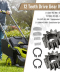 12 Teeth Drive Gear Kit For Lawn Mower Replacement With Keys, Springs, Clips, and gears alongside a lawn mower.
