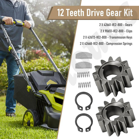 12 Teeth Drive Gear Kit For Lawn Mower Replacement With Keys, Springs, Clips, and gears alongside a lawn mower.