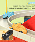 Epic Toy Car Ramp Track Set With Railcar Slot Cars and 20 Mini Cars featuring gravity-driven dinosaur-themed cars on track