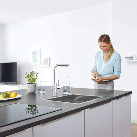 Clean Lines Single Handle Pull Out Kitchen Faucet With Laminar Spray Led Knobs For Chilled Sparkling Water Butter Smooth Pour 180 Swivel Spout real game changing kitchen upgrade in modern kitchen setting.