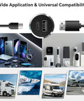 Top Shelf Aluminum 12V USB Outlet And Dual Port Fast Charging Car Charger Built For Tough Daily Rigs With Superior Heat Cooling showing compatibility with various devices.