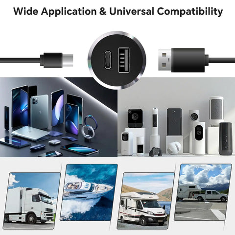 Top Shelf Aluminum 12V USB Outlet And Dual Port Fast Charging Car Charger Built For Tough Daily Rigs With Superior Heat Cooling showing compatibility with various devices.