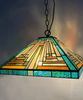 Tiffany Style Pendant Light Fixture 16 Inch Wide Adjustable Height Amber Green Stained Glass Chandelier with chain