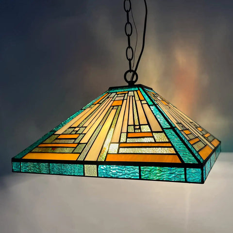 Tiffany Style Pendant Light Fixture 16 Inch Wide Adjustable Height Amber Green Stained Glass Chandelier with chain
