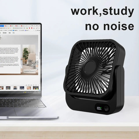 Magnetic Travel Fan With Five Adjustable Speeds Cruise Ship Approved Battery Powered Personal Cooler on desk; ideal for work and study.