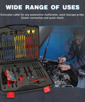 110 Piece Automotive Test Lead Kit With Back Probes, Piercing Clips, and Alligator Clips in open carrying case, mechanic using probes