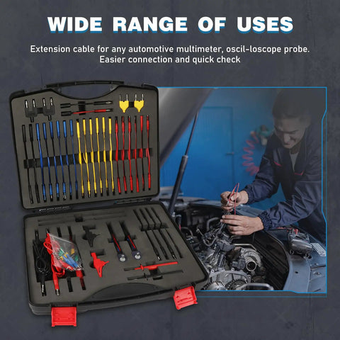 110 Piece Automotive Test Lead Kit With Back Probes, Piercing Clips, and Alligator Clips in open carrying case, mechanic using probes