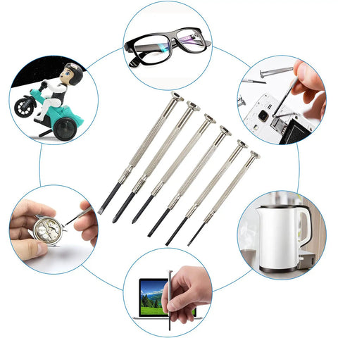 Six Piece Precision Screwdriver Set For Eyeglasses Watches And Electronics With Flat And Phillips Heads In Six Sizes with usage examples
