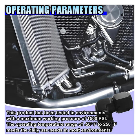 2 Pack 10AN Female To Male Flare 90 Degree Elbow Swivel Fitting Adapter With 7 8 14 UNF Threads For AN10 Fluid Lines Easy Install And Tight Seal High Pressure Rated Automotive And Performance Fluid System Compatible black 90-degree fitting on engine cooler line