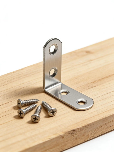 Heavy Duty Zinc Plated L Bracket Corner Braces With Screws on wood, showcasing 1.5x1.5 inch galvanized steel bracket.