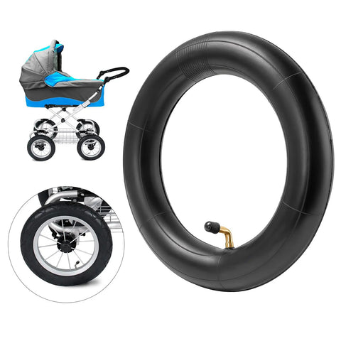 Heavy Duty 10x2 Inner Tubes, 40 Percent Thicker, 2 Pack, shown on a stroller wheel with angled valve stem.