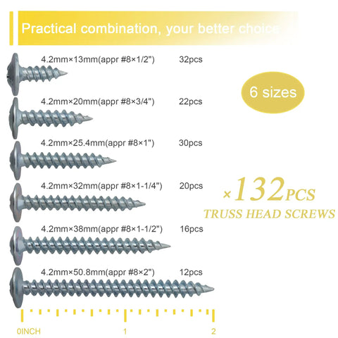 Top Shelf Number Eight Modified Truss Head Wood Screws Assortment Kit Featuring 132 Rock Solid Pieces In Six Standard Sizes, showing various sizes of screws.