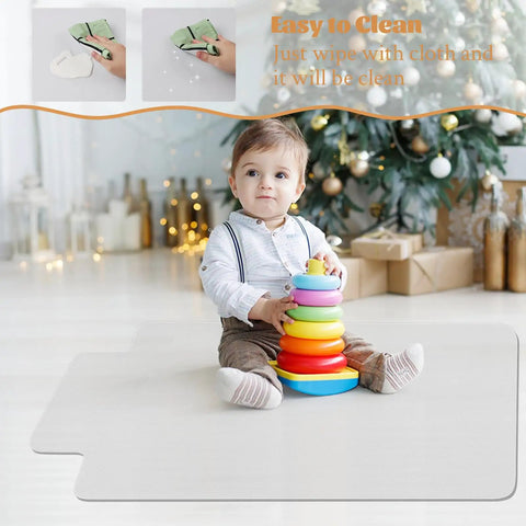 Child sitting on Heavy Duty Office Chair Mat For Hardwood And Tile Floors Easy Glide Under Desk Protector 36x48 Inch With Lip