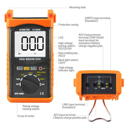 Megohmmeter Insulation Resistance Tester with auto ranging and backlit display showing controls and measurement inputs