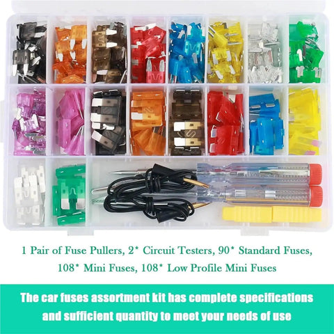 Auto Fuse Assortment Kit With Standard, Mini And Low Profile Blade Fuses, 306 Pieces In Box, fuse pullers and circuit testers visible