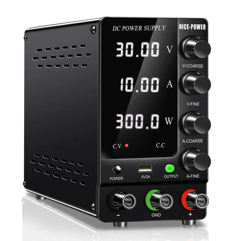 Variable DC Power Supply 30V 10A Benchtop Pro-Grade Regulated Switching Power Supply With On Off Output Switch High Precision 4-Digit LED Display USB 5V 2A Port For Lab Prototyping And DIY Electronics front view with controls visible