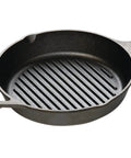 Heavy Duty Cast Iron Grill Pan 10.25 Inch With Deep Ridges For Serious Sear, shown from above with ridges and handle visible.