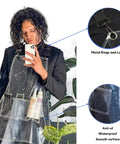 Transparent Waterproof Hair Stylist Apron With Adjustable Straps, shown with rustproof pockets and smooth waterproof surface.