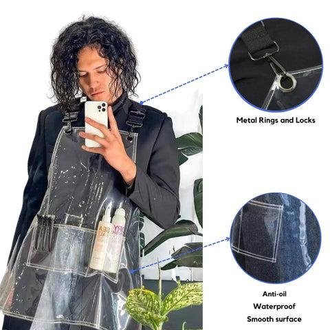 Transparent Waterproof Hair Stylist Apron With Adjustable Straps, shown with rustproof pockets and smooth waterproof surface.