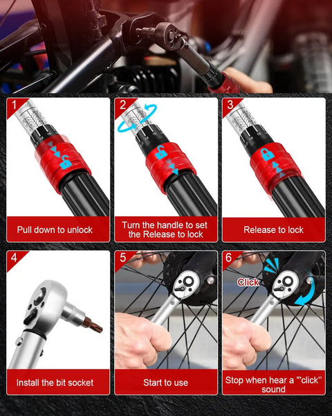 One Quarter Inch Drive Torque Wrench Set With Thirty Two Bit Sockets And Micro Adjustable Click Wrench usage steps for MTB