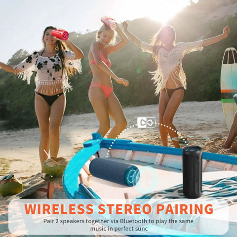 Wireless Portable Speaker With 25W Bangin Bass And Bassboom Technology IPX7 Waterproof Bluetooth Speaker TWS Pairing Built In Mic 16 Hour Playtime With Lights For Home And Outdoor Fun on beach with people dancing