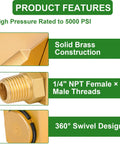 Two Pack One Quarter Inch NPT Brass Swivel Joint 90 Degree Elbow For Air Hose Reels Female To Male Threads High Pressure Up To 5000 PSI Includes Teflon Tape For Leak Free Connection. Brass 1/4 NPT female to male swivel elbow for air hose reels, 5000 PSI
