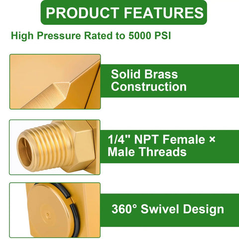 Two Pack One Quarter Inch NPT Brass Swivel Joint 90 Degree Elbow For Air Hose Reels Female To Male Threads High Pressure Up To 5000 PSI Includes Teflon Tape For Leak Free Connection. Brass 1/4 NPT female to male swivel elbow for air hose reels, 5000 PSI