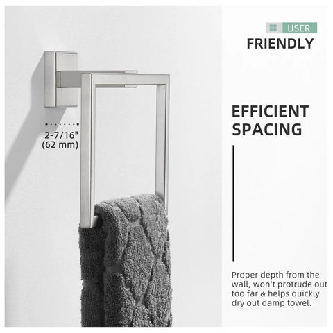 Simple Hand Towel Holder In Brushed Nickel Made From SUS 304 Stainless Steel Square Bathroom Towel Ring For Wall Mount 7.09 Inches With Modern Square Design And Durable Build Great For Hand Towels Face Towels Wash Cloths And More Everyday Must Have installed on wall with towel.