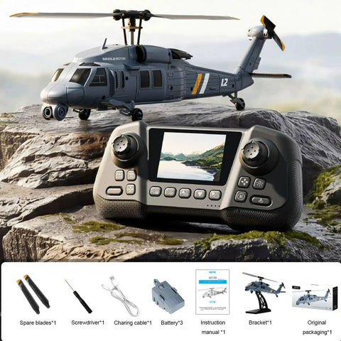 Military Style RC Helicopter With 8K Camera And Built In Screen Remote displaying accessories and controller on rocky terrain.