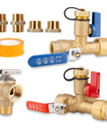 Essential Tankless Water Heater Valve Kit With No Sweat Pressure Relief Valves and Quick Connect Npt Adapter Fittings, brass construction, includes valves and fittings.