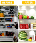 Comparison of refrigerator contents before and after using E26 LED Refrigerator Bulb 3.5W 40W Equivalent, Daylight White 6000K 500LM, Non-Dimmable, Energy Saving, AC100-265V Frigidaire Replacement, 2-Pack Ideal For Freezers And Fridges, Plug N Play, showing brighter lighting effect.