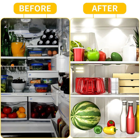 Comparison of refrigerator contents before and after using E26 LED Refrigerator Bulb 3.5W 40W Equivalent, Daylight White 6000K 500LM, Non-Dimmable, Energy Saving, AC100-265V Frigidaire Replacement, 2-Pack Ideal For Freezers And Fridges, Plug N Play, showing brighter lighting effect.