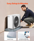 Man installing Sturdy Outdoor Mini Split Pad For 9000 To 36000 BTU Ductless AC Heat Pump Systems, showing drillable design.