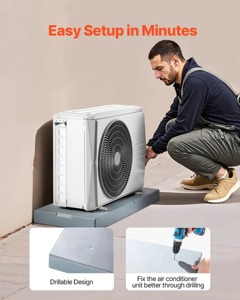 Man installing Sturdy Outdoor Mini Split Pad For 9000 To 36000 BTU Ductless AC Heat Pump Systems, showing drillable design.