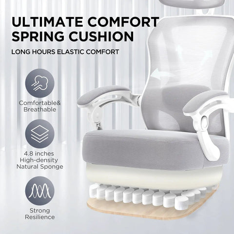 Super Comfy Ergonomic Office Chair With Footrest For All Day Use Ultra Thick Reclining Seat 2D Adjustable Lumbar Support And Headrest High Back Premium Mesh Desk Chair For Home Office Grey showing breathable spring cushion