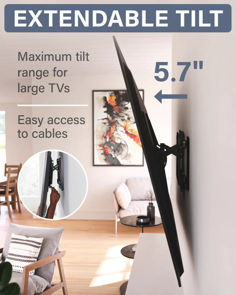 Heavy Duty Tilting TV Wall Mount For Big Screens Up To 90 Inches And 150 Pounds With Integrated Wire Management and easy cable access at 5.7 inches.