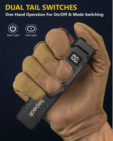 Compact EDC Flashlight With USB C Rechargeable Battery Flat Pocket Design Clip On For Easy Carry Super Bright LED 8 Lighting Modes For Camping Emergency Prep And Everyday Use held in gloved hand