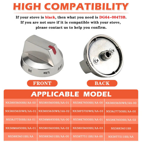 Stove Knob Replacement Kit 5 Pack For Gas Range Oven Cooktop Controls, front and back view with compatibility chart