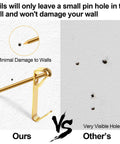 Comparison of 184 Piece Picture Hanging Kit With Gold Finish Hooks And Nails, showing minimal wall damage vs visible holes.